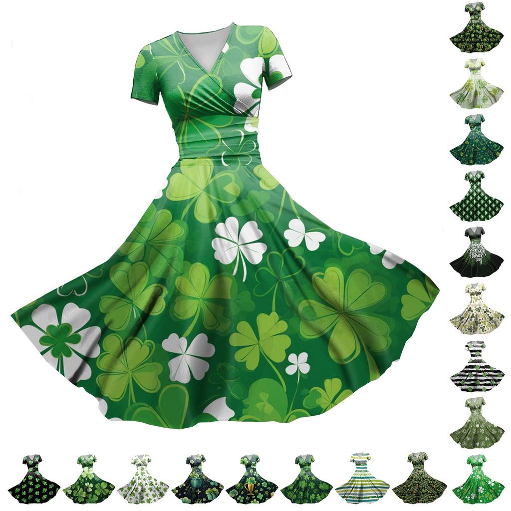 Ladies Princess Dress Sexy V-neck St. Patrick's Day Printed Waist Pulled Ruffle Short Sleeve Dress