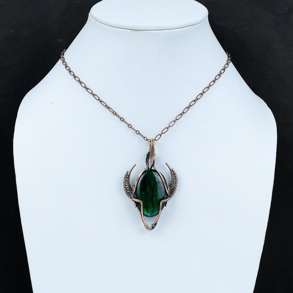 Кулон из зеленого огненного лабрадорита, обернутый медной проволокой, ювелирное изделие ручной работы, кулон из меди в форме головы быка, обернутый проволокой, драгоценный камень
