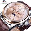Forsining Moon Phase Shanghai Movement Rose Gold Case Brown Genuine Leather Strap Mens Watches Top Brand Luxury Auotmatic Watch