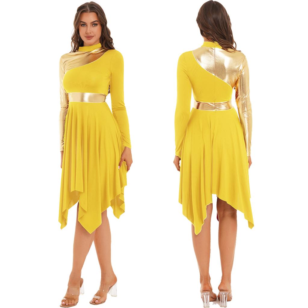 Женский танцевальный костюм контрастного цвета, лоскутное платье, платья с асимметричным подолом и длинными рукавами