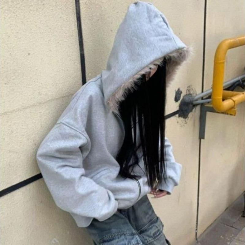 2KWEIRD Харадзюку Повседневные Толстовки с капюшоном в стиле пэчворк из меха для женщин Эстетика Y2k Свободные с карманом Уличная одежда Пальто Гранж Осенние Толстовки