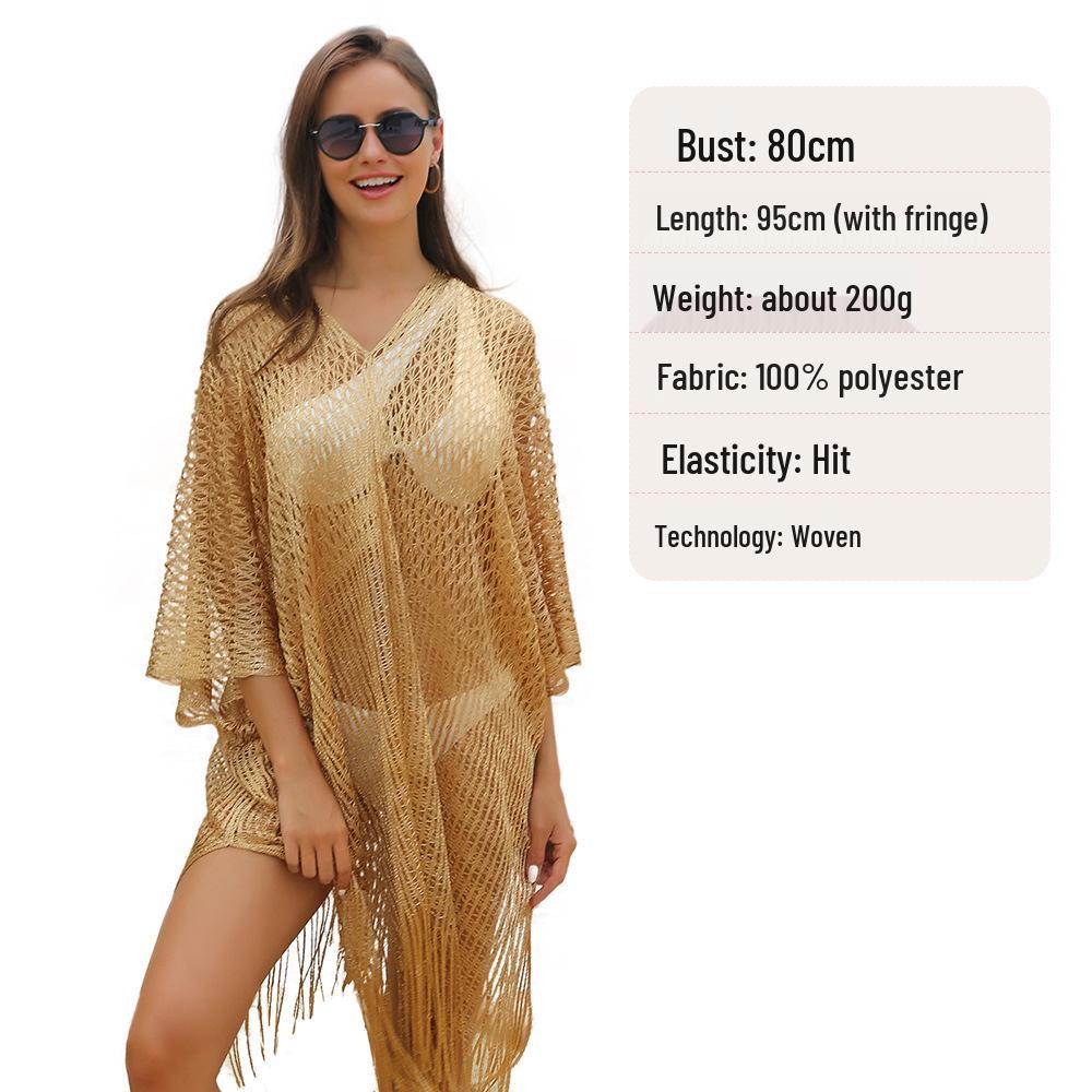 Women's Tassel Cardigan Beach Cover-Up Shawl: Sun Protection Bikini Cover, European & American Style, Hollow Out Design