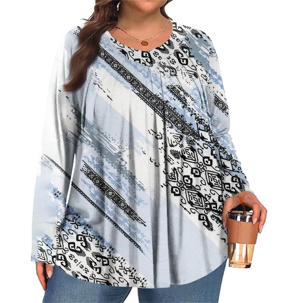 Women's Plus Size Fashion Printed Casual Pleated Round Neck Long Sleeve Top