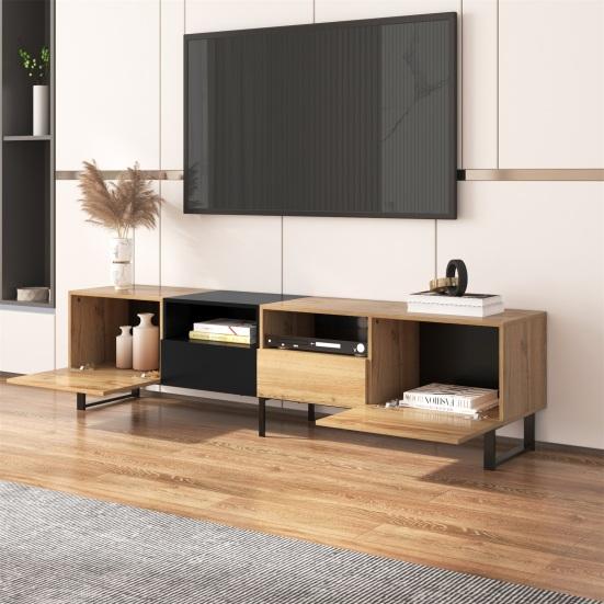 TV Media Cabinet with Open Shelves 2 Doors Metal Legs Space Stand Saving Strong Load-bearing Color Blocking Living Room Furniture Console