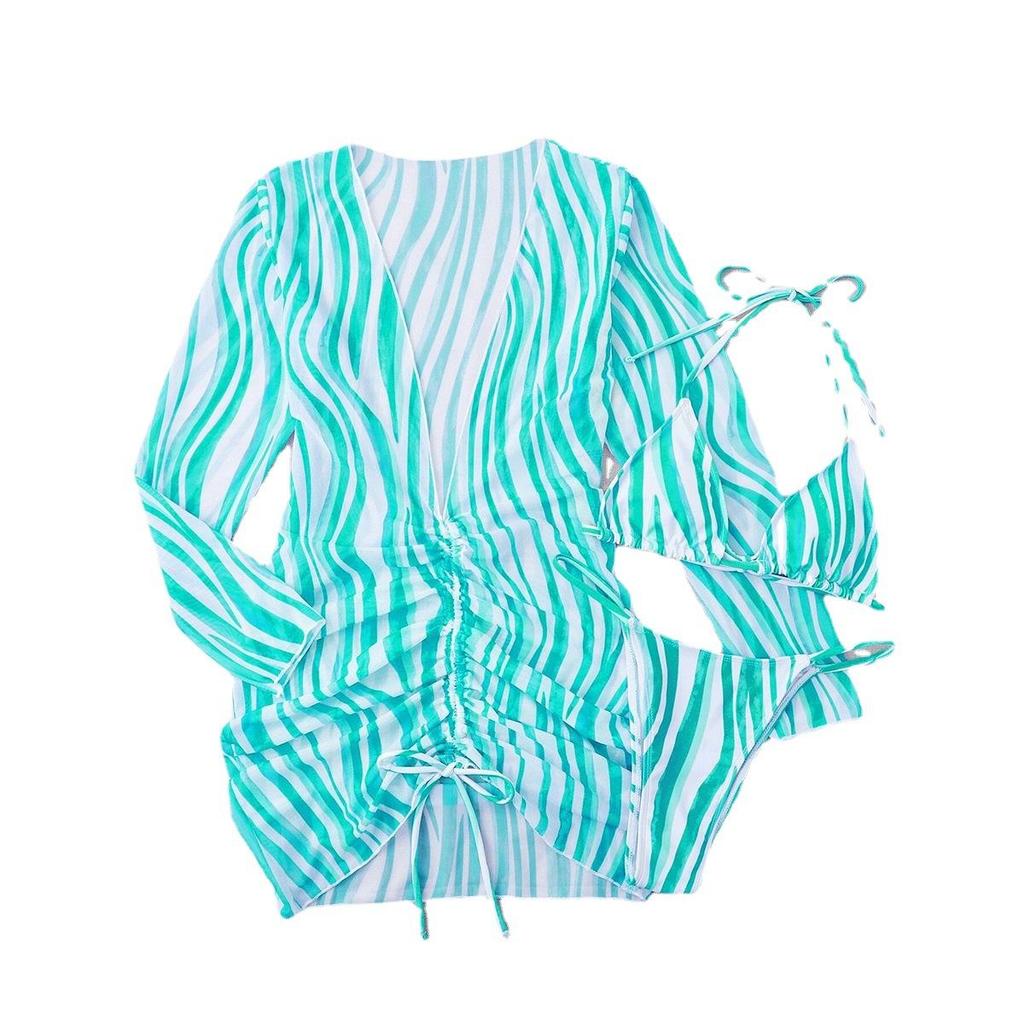 Купальник женский, разделенный комплект из трех предметов, трехточечный свитер с длинными рукавами, полосатые комплекты бикини на шнурке