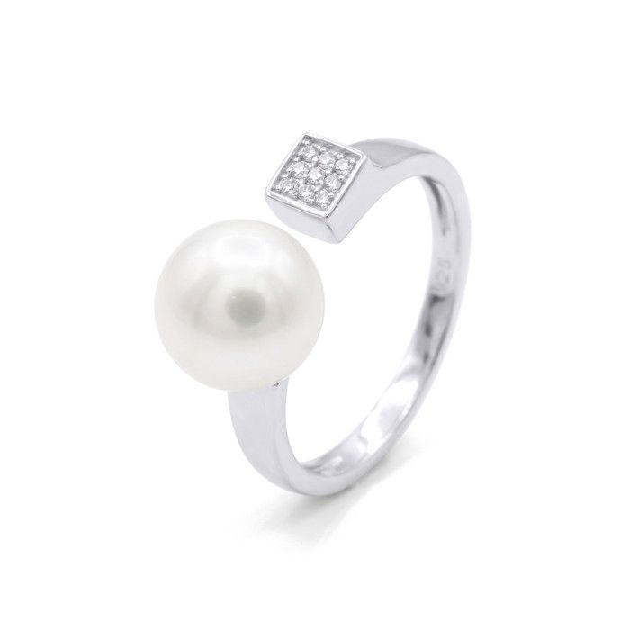 Bague - Pearls & Colors - Prestige - 9-10 mm Bouton - Perle Blanche - Argent 925 - Femme