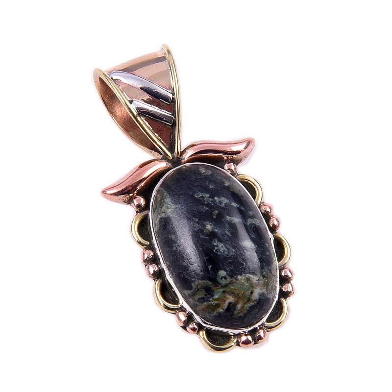 Натуральный зеленый питерсит драгоценный камень 925 стерлинговое серебро двухцветный кулон 1.25" B7d89