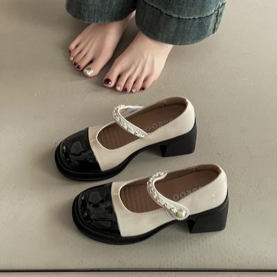 Ретро темперамент жемчужные туфли-лодочки с круглым носком Мэри Джейн маленькие кожаные туфли женские летние новая цветовая гамма