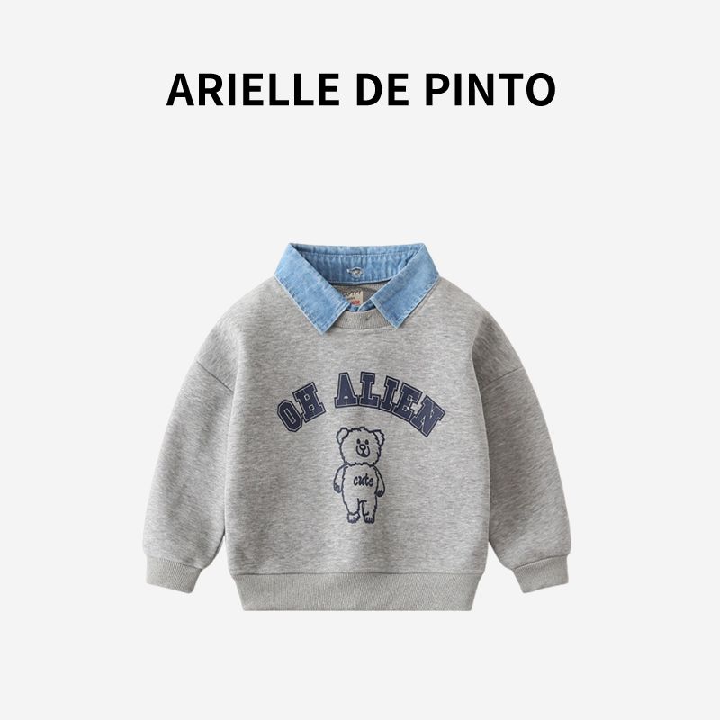 Французский костюм для мальчика Arielle De Pinto Весенне-осенний стиль Корейский стиль Повседневный С буквенным принтом Лацкан Мультяшный Двухпредметный комплект