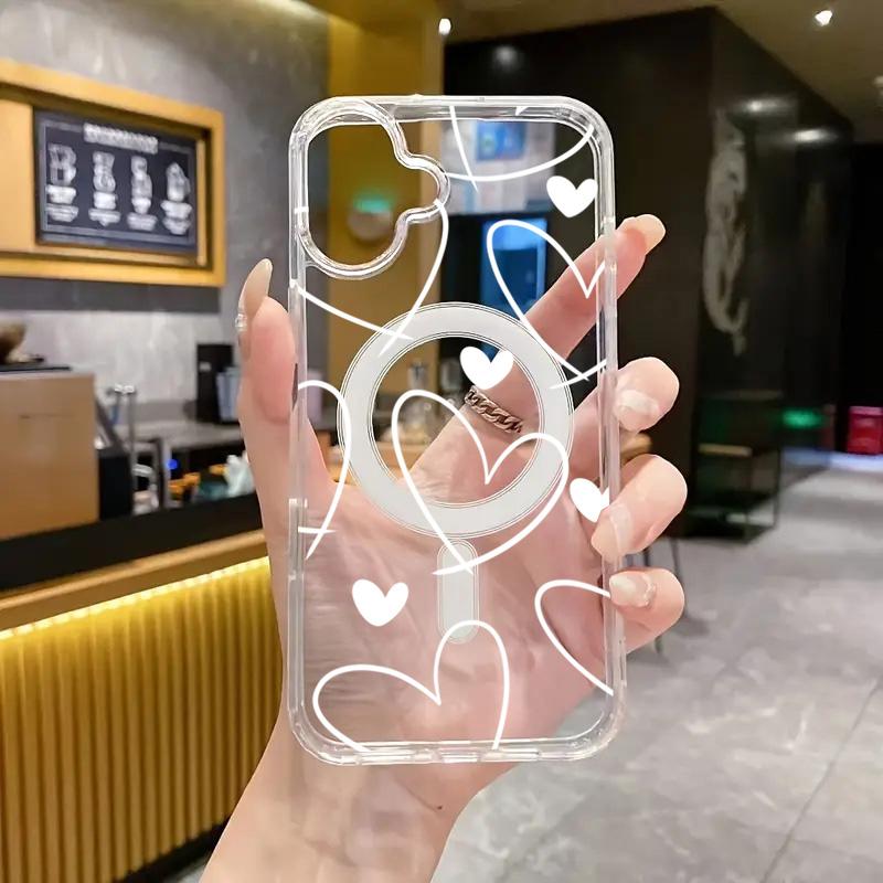 Для Samsung Galaxy S25 S24 S23 S22 Ultra Plus FE Прозрачный Магнитный Чехол для Телефона Простой Белый Сердечко Задняя Крышка с Беспроводной Зарядкой