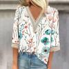 Женская модная футболка с V-образным вырезом и кружевным винтажным цветочным принтом, повседневный топ с семью рукавами