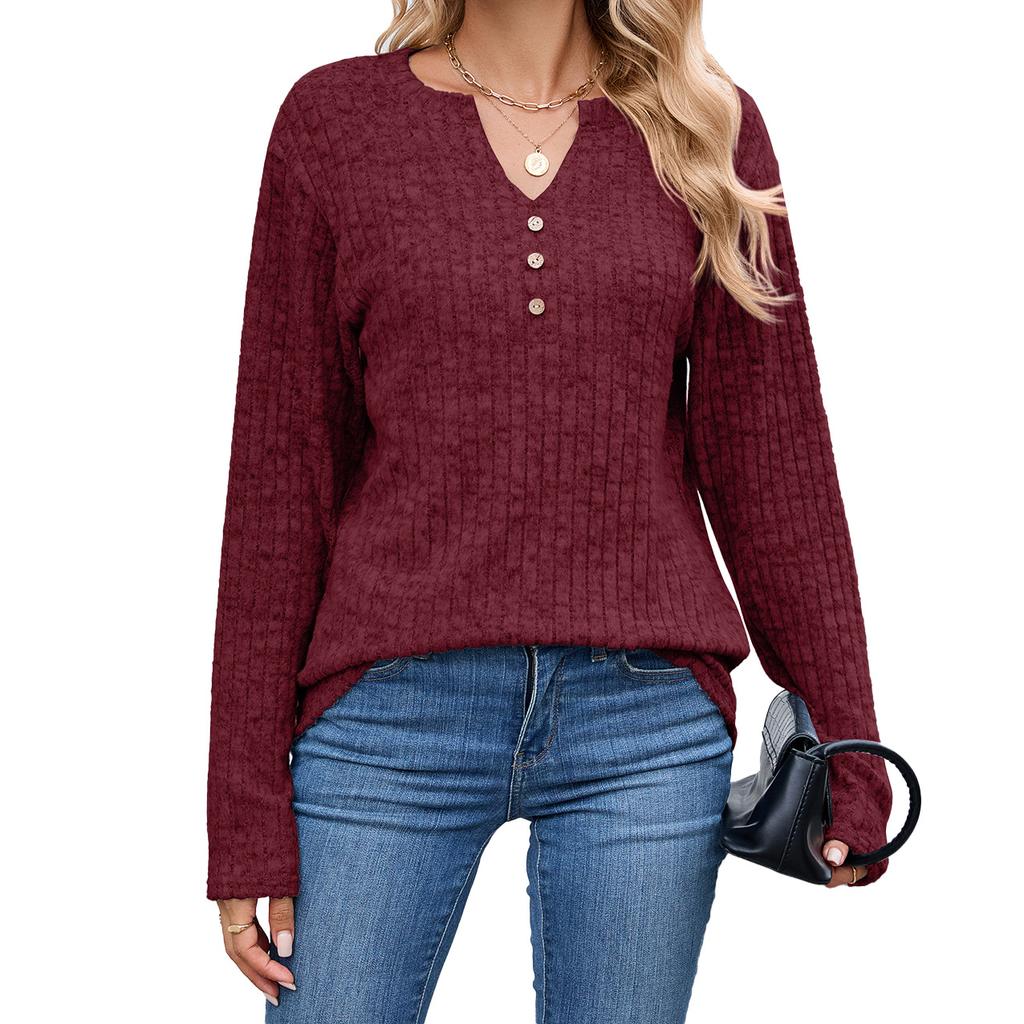 New Autumn and Winter V-neck Button Loose Long-sleeved Strip Stretch Solid Color T-shirt Top for Women