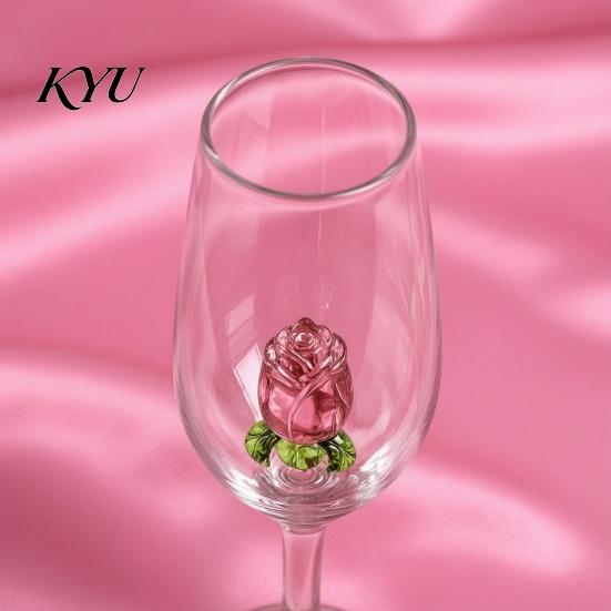 Crystal Wine Glasses Red Glass with Roses And Green Leaves Decorated, Clear Rose Decorated Goblet Decorative Glass, Elegant for Romantic Dinners