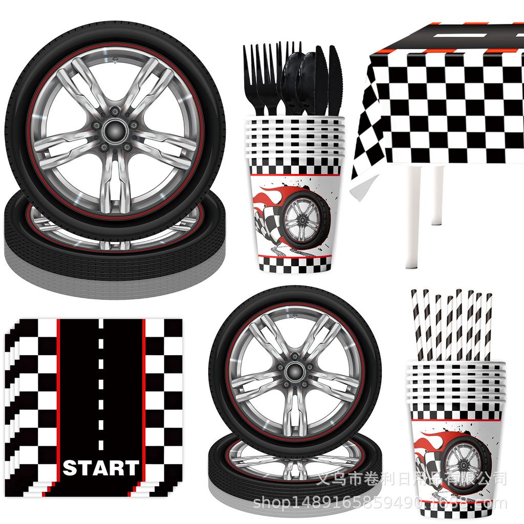 Racing Theme Party Supplies Birthday Decoration Tableware Wheel Arrangement Props Banner Tablecloth Swing Tissue