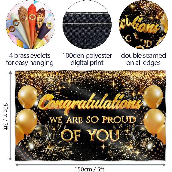 Congratulations Banner for Prom - Congratulations Decorations - Well Done - We Are So Proud of You - 5x3ft (Black and Gold)