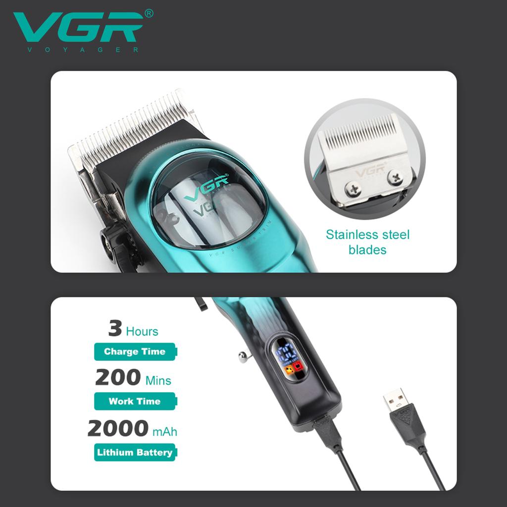 VGR 166 Профессиональная Умная Цифровая Перезаряжаемая Машинка для Стрижки Волос с Основанием с Градиентной Лентой Регулируемая Электрическая Push-машинка для Стрижки Волос Форма для Вырезания на Волосах