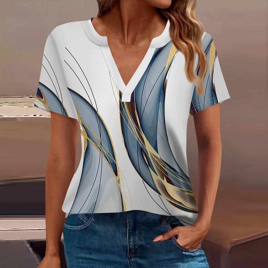 Женская футболка Футболка с принтом с коротким рукавом Повседневные выходные Мода Базовый топ с V-образным вырезом Обычный топ