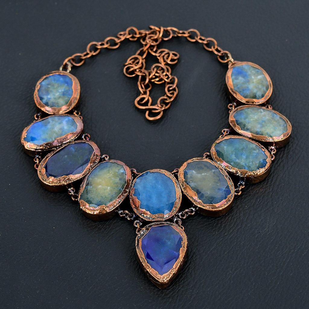 Blue Sapphire Necklace, Handmade Gemstone Necklace, Copper Electroformed Necklace Antique Jewelry, For Engagement Gift