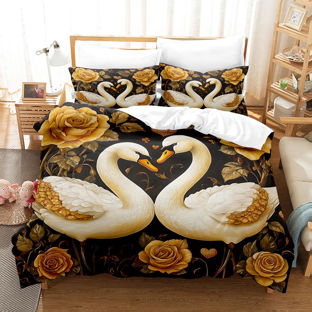 Rose Golden Swan Print Pattern Polyester Bedding Set - Soft and Comfortable,  Home Decoration,King,Queen Size,Valentine's Day