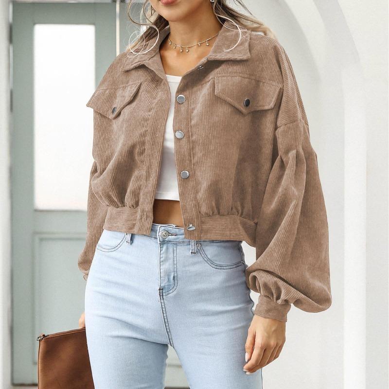 Женская повседневная вельветовая куртка с лацканами, осенне-зимняя однобортная короткая куртка с рукавами-фонариками