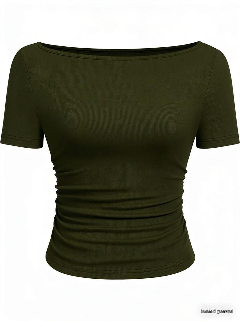 2025 Осень Приталенный женский топ с вырезом лодочкой, рукавами-колокольчиками и сборками - Однотонный, с длинным рукавом