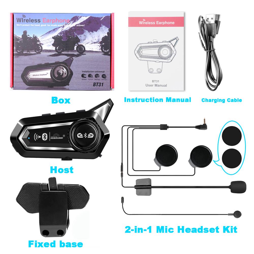 BT31 Гарнитура для мотоциклетного шлема Bluetooth Мото Домофон 500 м для 2 райдеров Домофон Водонепроницаемый IPX6 с аккумулятором 1000 мАч