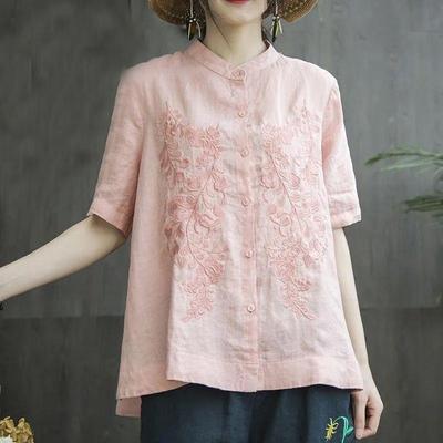 Весенне-летняя женская хлопковая рубашка с воротником-стойкой, топ с вышивкой, блузка с короткими рукавами