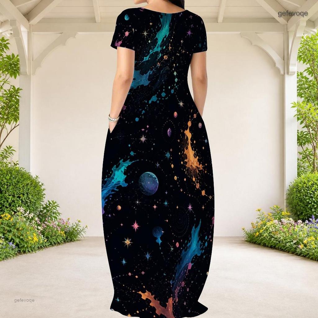 Women Plus Size Round Neck Short Sleeve Pink Purple Gold Printed Loose Long Dress With Side Pockets