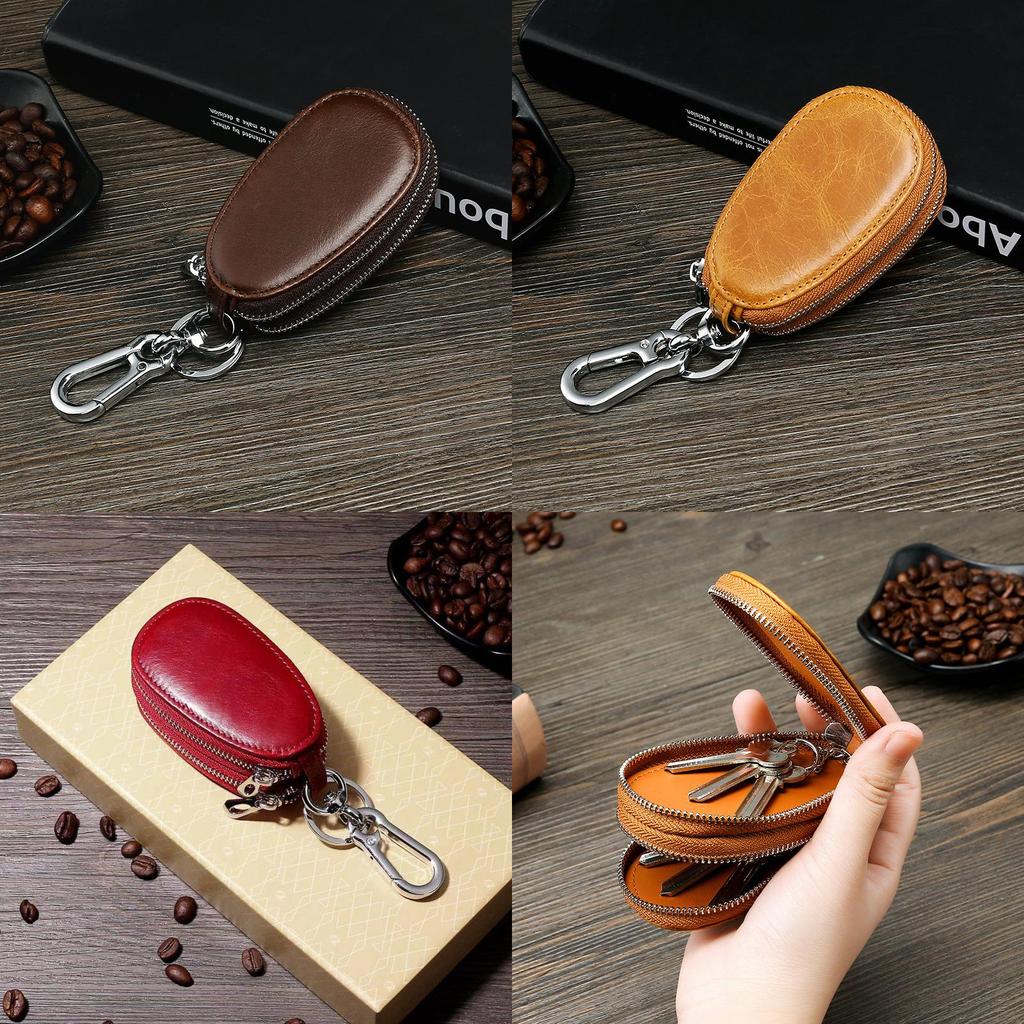 Leather Car Key Case With Double Zipper For Daily Use In Vintage Retro Style