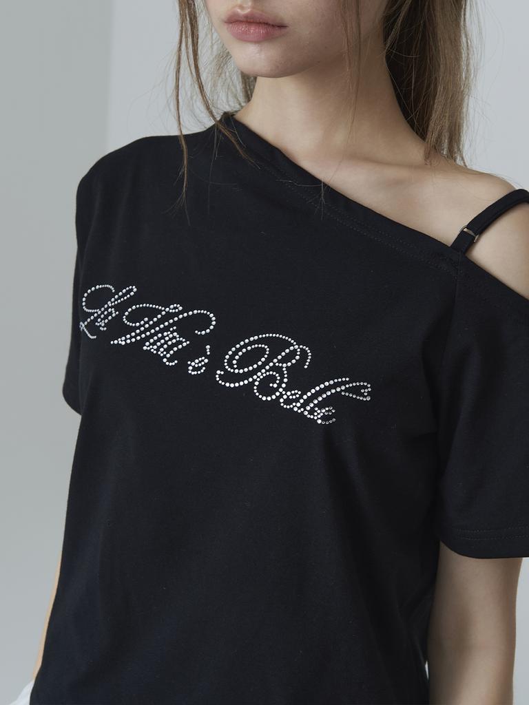 ADOREBELLE Футболка с открытыми плечами, надписью и стразами - Черная