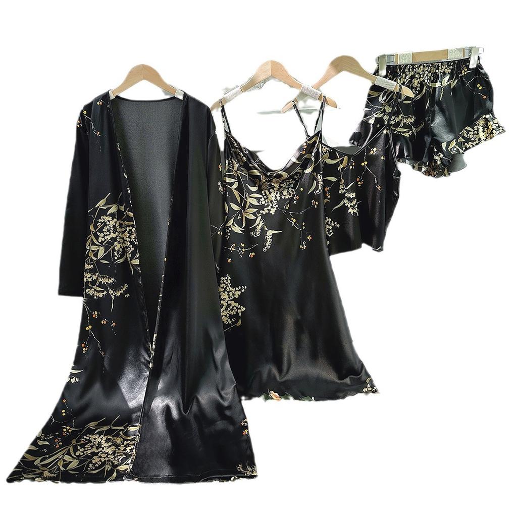 Женская мода, комплект из 5 предметов домашней одежды, пижамный комплект с принтом, удобный халат из ледяного шелка, шорты, платье-комбинация