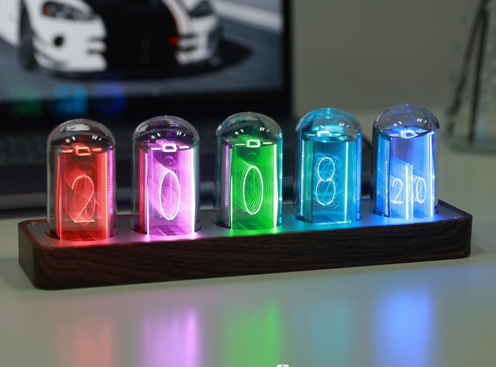 ClocTeck Nixie Tube Clock Sync 16 Million Colors Retro Modern Wooden Digital Clock Wi-Fi & Customizable,