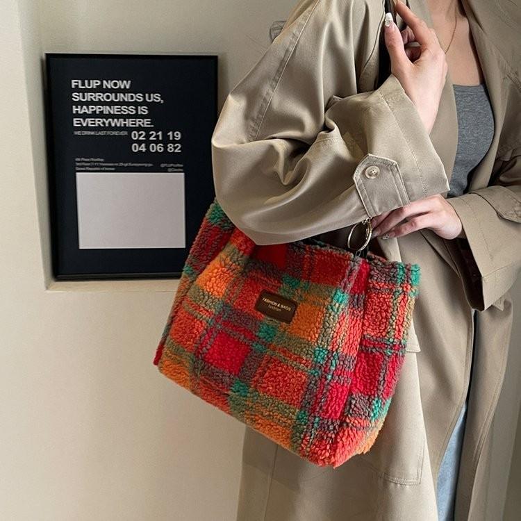 Stylish Red Purple Green Plaid Women's Canvas Shoulder Bag Perfect For Fall And Winter Outings