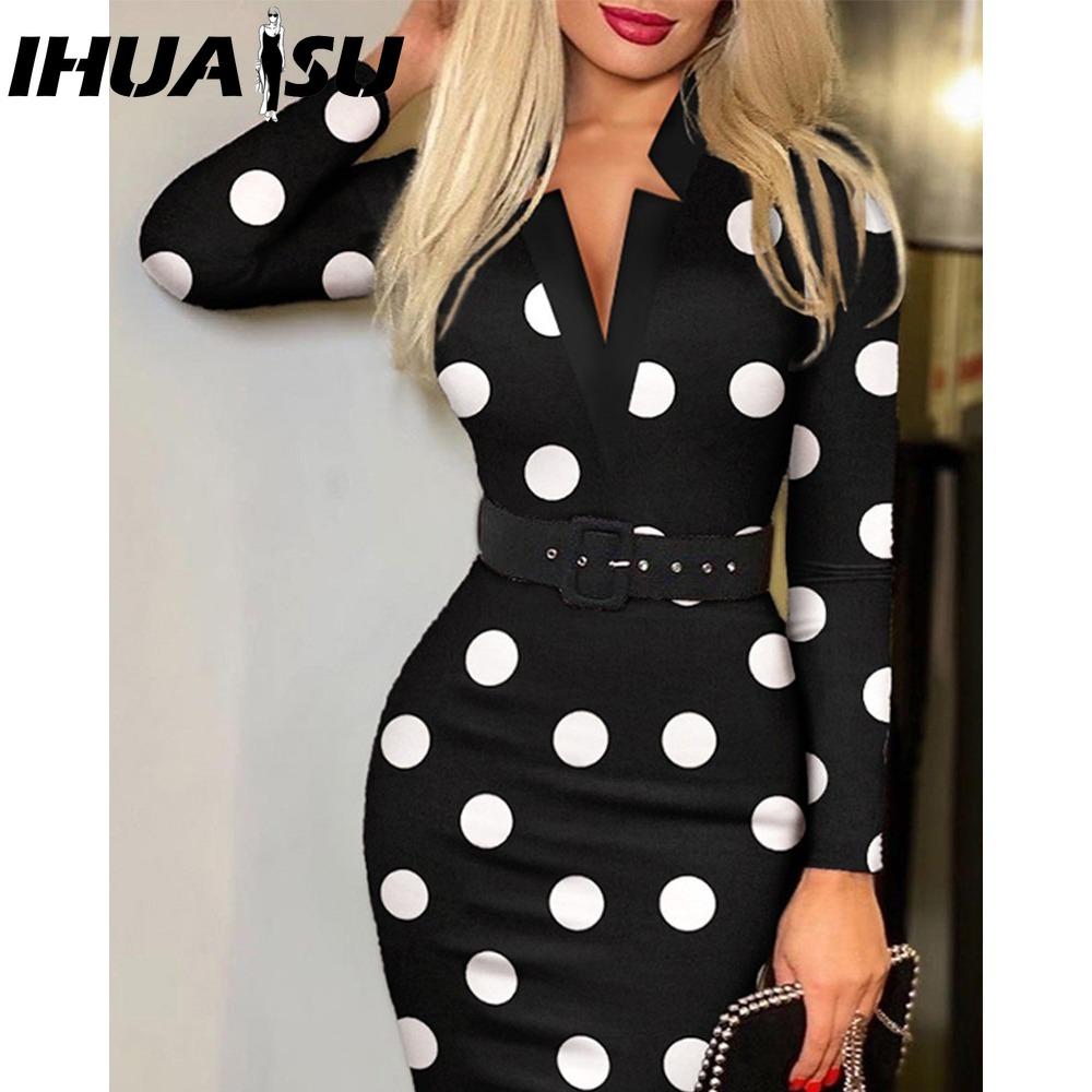 IHUASU Женская мода весенне-осенние повседневные платья с длинным рукавом и v-образным вырезом с высокой талией