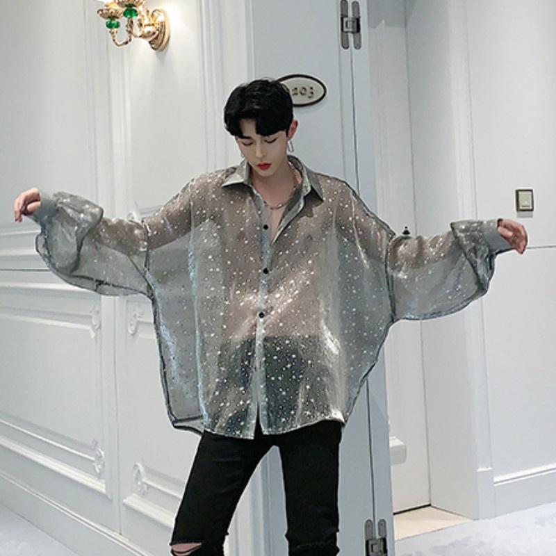 Мужская прозрачная рубашка, свободная мешковатая блестящая блузка с прозрачными рукавами реглан, клубные топы, праздничная одежда