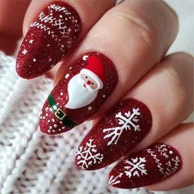 24 шт. Рождественские красные блестящие короткие овальные накладные ногти с 3D дизайном в виде снежинки и Санты для праздничной вечеринки