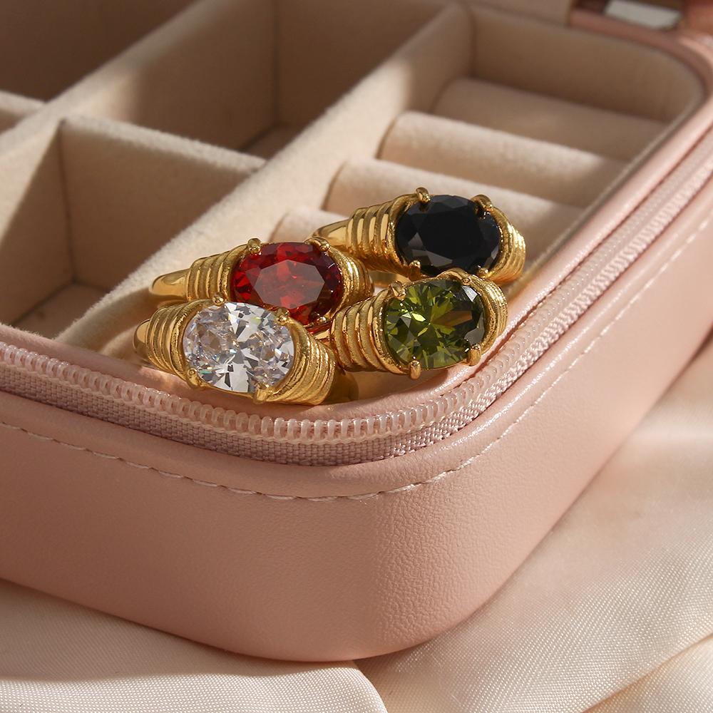 Кольцо из нержавеющей стали с овальной огранкой 3A с цирконием, блестящим зеленым, красным, черным и белым камнем, позолоченные кольца из 18-каратного золота для женщин