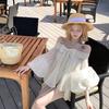 Французский бант одно плечо шифоновое платье женское летнее темпераментное с открытыми плечами свободный рукав-фонарик сетчатая юбка