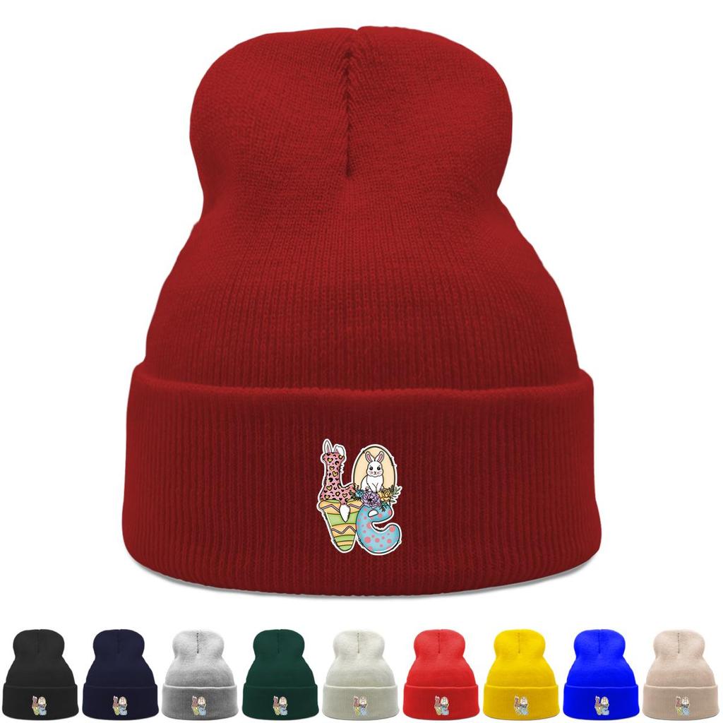 LOVE" Rabbit Warm Knit Hat Beanie, Easter Skullies Beanies Stretchable Elastic Trendy Bobble Hat Knitted Cap Beanie