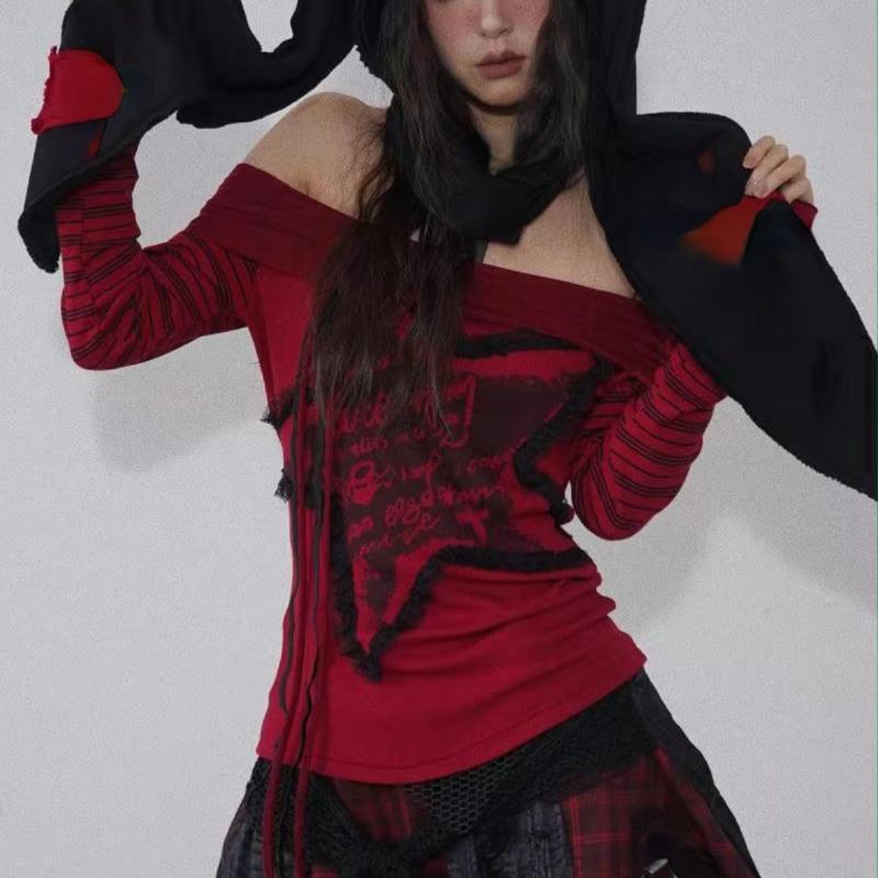 Модные футболки Harajuku Y2k с принтом букв 2026 Длинный рукав С открытыми плечами Полосатые футболки Уличная одежда Женские гранж Футболки с косым вырезом