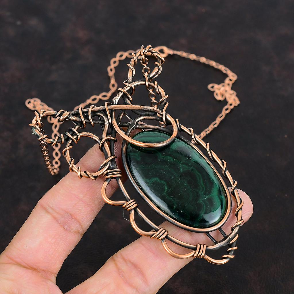 Малахитовое ожерелье, обернутое медной проволокой, ожерелье ручной работы, ювелирные изделия с проволочной обмоткой, регулируемое ожерелье, ювелирные изделия из медных драгоценных камней, свадебный подарок