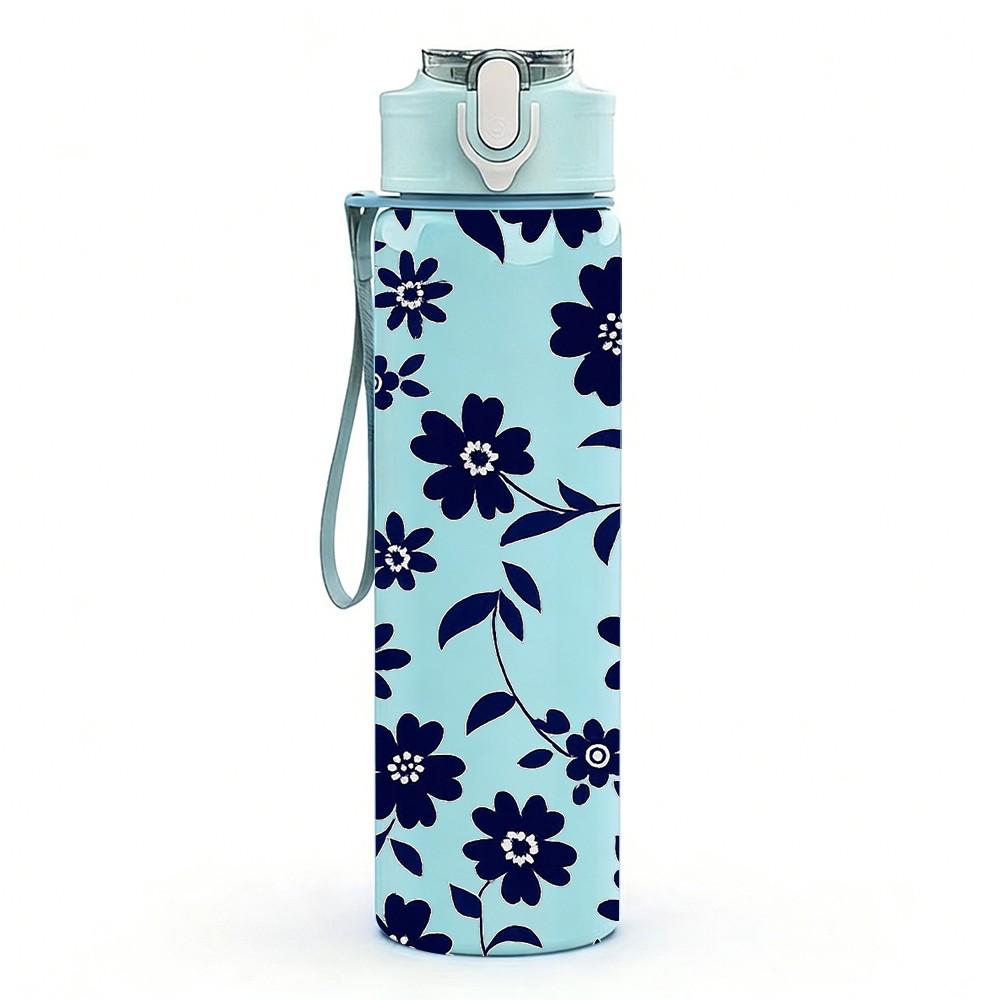 1PC Dark Blue Flower Seamless Pattern Print 750ml Color Plastic Sports Water Bottle Leakproof Flip Straw Lid Suitable for Sports Office Home Use