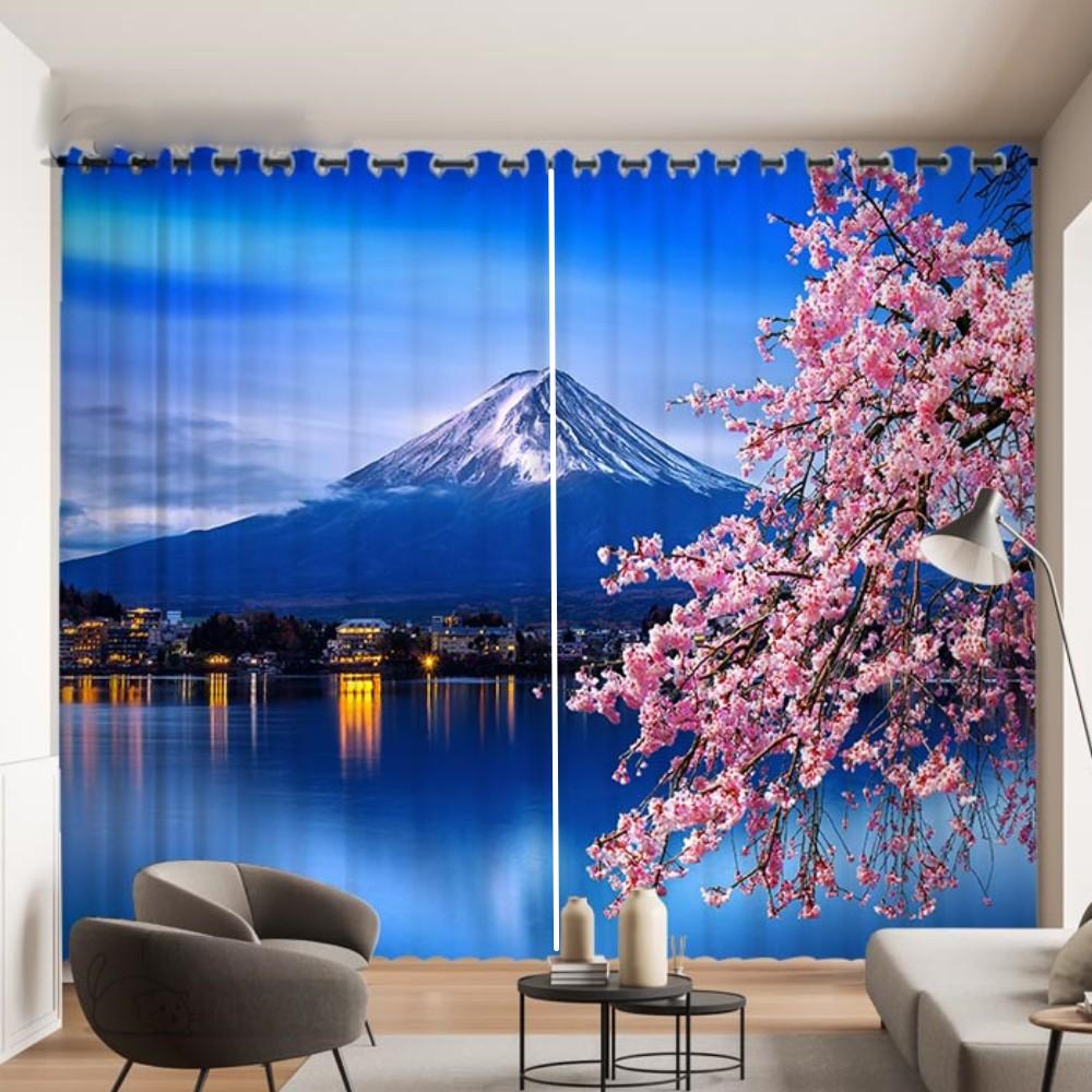 Romantic Cherry Blossom Pattern Curtain Mount Fuji Landscape Decor Curtain Japanese Sushi Nikki Restaurant Window Curtain 2PCS