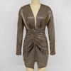 Женское блестящее платье бодикон с драпировкой, сексуальное мини-платье с глубоким V-образным вырезом и длинным рукавом, металлическое платье для вечеринки, клуба, ночи