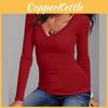 Элегантная осенне-зимняя футболка с длинным рукавом однотонная с V-образным вырезом облегающая базовая