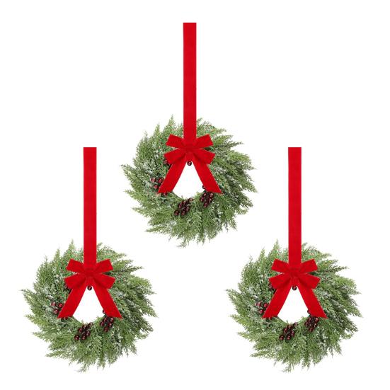 Yousheng Christmas Wreath for Windows 10 Inch Small Artificial Greenery Wreath with Berries And Red Bow for Winter Fireplace Home Decor