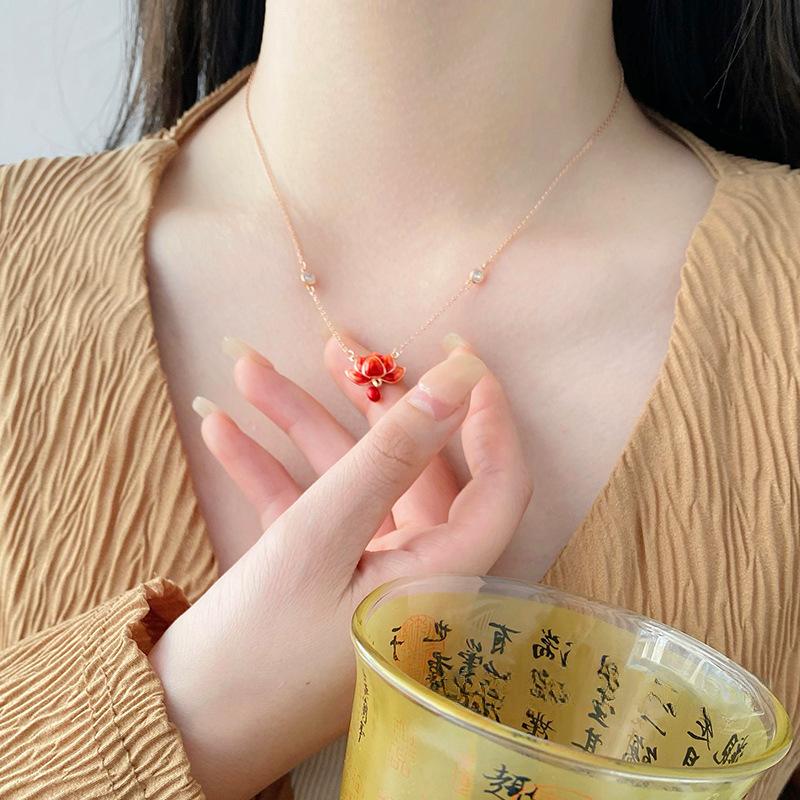 Ожерелье из красного лотоса, женское, новое, китайское, высокого качества, в китайском стиле, ошейник, цепочка, украшение
