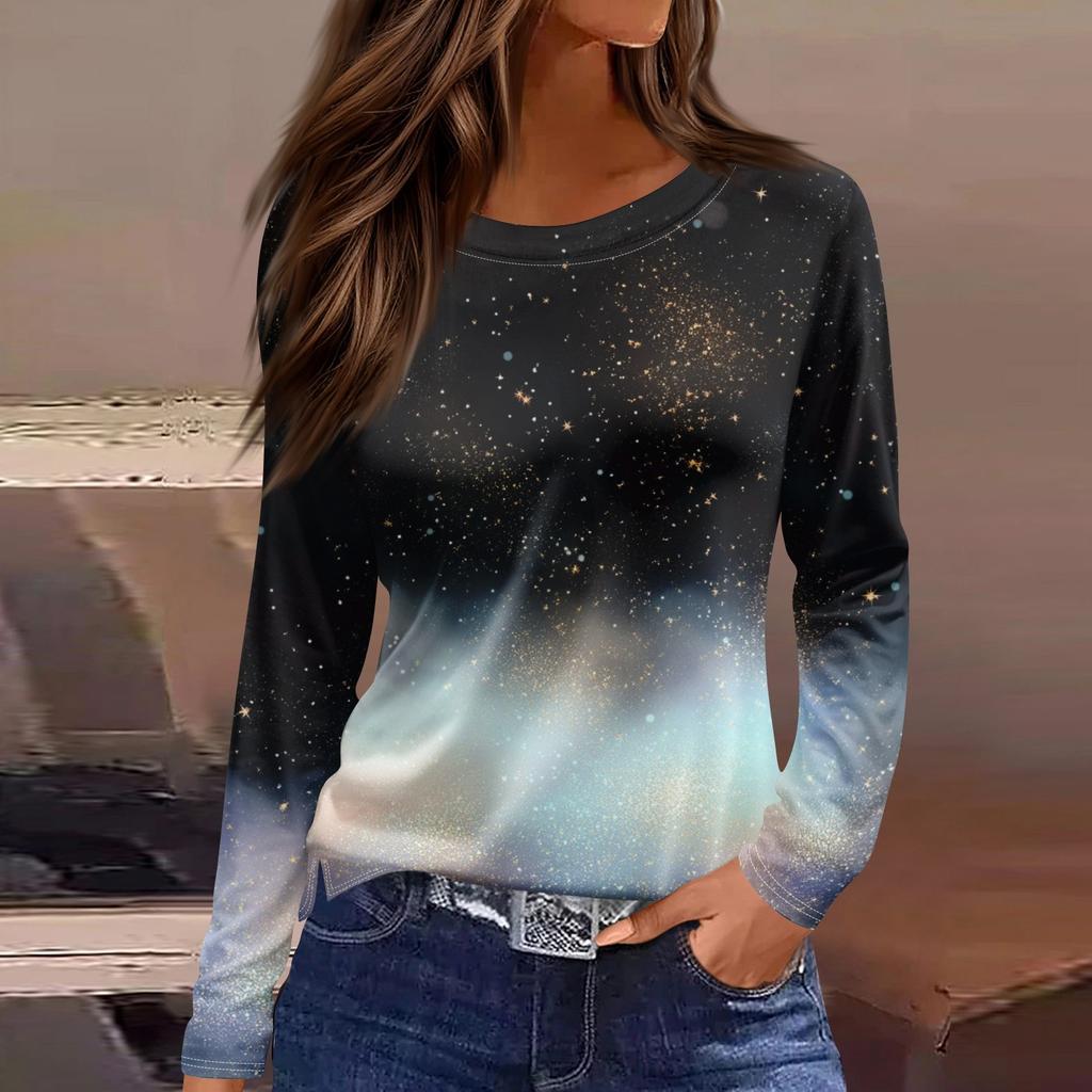 Женская модная повседневная футболка с разрезом и круглым вырезом, длинным рукавом, свободная, с принтом, женская футболка на Рождество