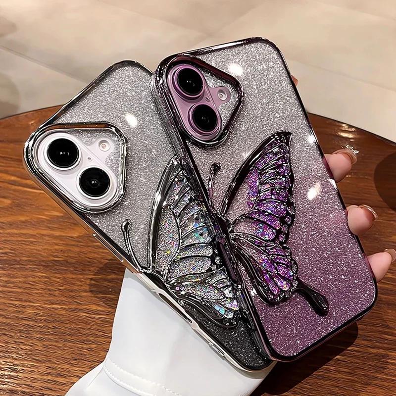 Cartoon Butterfly Glitter Quicksand Case for iPhone 16 15 14 13 Pro Max Plus 11 12 Plating Gradient Bling Camera Film Soft Cover
