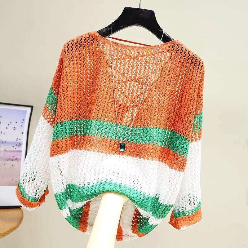 Летняя одежда Ажурная трикотажная рубашка женская полосатая контрастная цветная рубашка с тонким верхом маленькая свежая